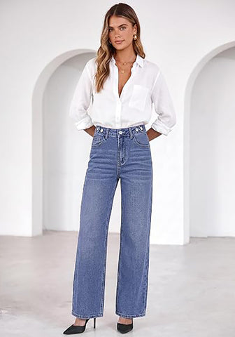 GRAPENT Women's High Rise Wide Leg Jeans | Stretchy Denim, Adjustable Cinch Waist, 30" Inseam, 90s Baggy Straight, Everyday Dressy Casual
