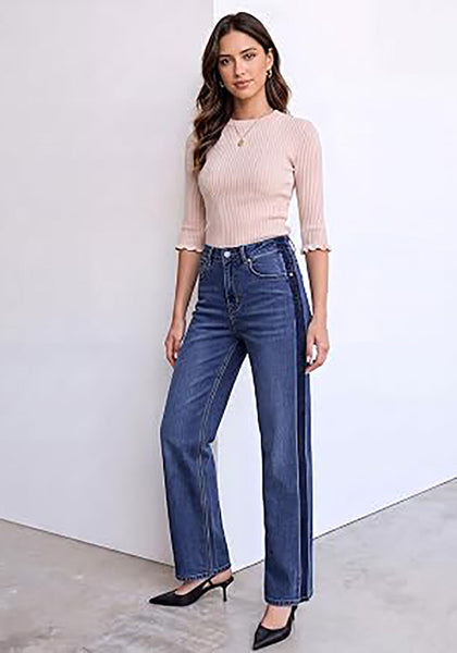 Darkness Blue Women's High Waisted Straight Leg Jeans, Tuxedo Side Stripe Stretchy Denim Pants, 29" Inseam Relaxed Fit 90s Style Concert Outfits