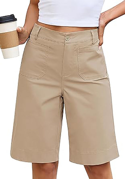 LookbookStore Women's Pale Khaki High Waisted Knee Length Bermuda Shorts Casual Dressy Chino Shorts with Elastic Waist and Patch Pockets