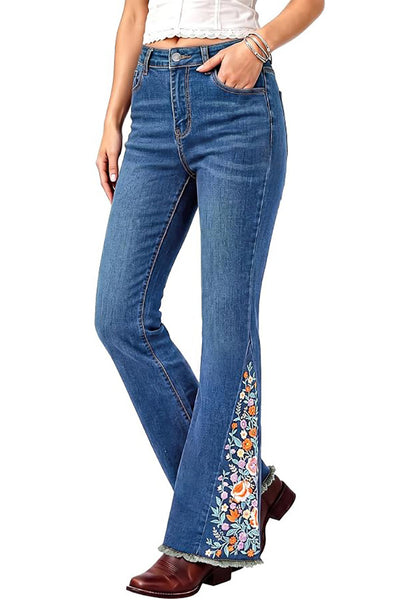 Vintage Blue  Women's Floral Embroidery Flare Jeans — High Waisted Stretchy Bootcut Denim with Raw Frayed Hem & Retro Distressed Wash