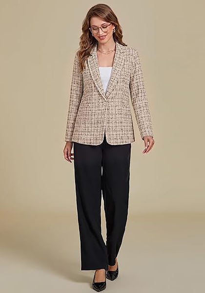 GRAPENT Women's Tweed Plaid Blazer | Notched Lapel, Fully Lined, Shoulder Pads, Single Button, 2 Pockets, Interview Office Business Casual
