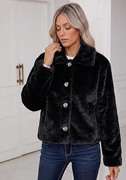 Black Women's Cropped Fluffy Faux Fur Coat — Oversized Lapel Jacket with Button Down Closure & Warm Lining