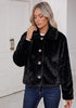 Black Women's Cropped Fluffy Faux Fur Coat — Oversized Lapel Jacket with Button Down Closure & Warm Lining