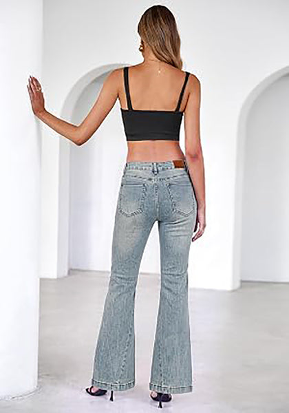 Vintage Blue Flare Jeans for Women Mid Rise Bootcut Denim Pants Distressed Stretchy Retro Y2K Washed Date Night Outfit Nashville Western Style