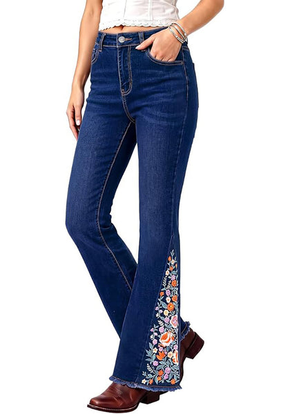 Darkness Blue Women's Floral Embroidery Flare Jeans — High Waisted Stretchy Bootcut Denim with Raw Frayed Hem & Retro Distressed Wash