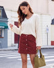 Wine Red Women's Corduroy Short Skirt, Trendy Button Fly Stretchy Fall Skirts with Elastic Back Waist and Functional Pockets, Soft Dressy Casual Fall Outfits