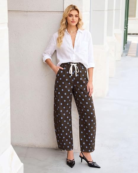 GRAPENT Women's High Rise Polka Dot Barrel Jeans | Stretch Denim, Elastic Drawstring Waist, 27" Inseam, Cropped, Dressy Casual Daily Wear