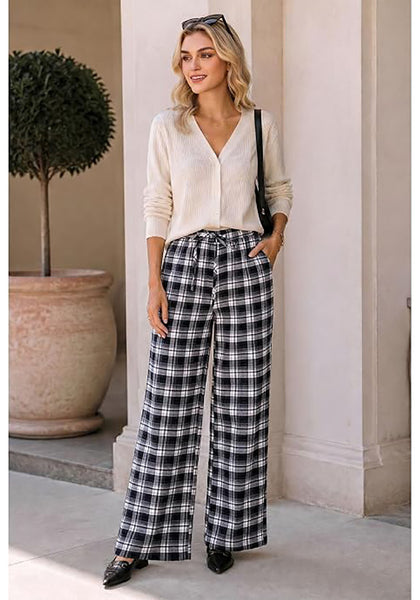 GRAPENT Women's High Waisted Wide Leg Plaid Pants | Tartan Pattern, Elastic Waist Drawstring, Pockets, Relaxed Fit, Casual Daily Fall Outfits