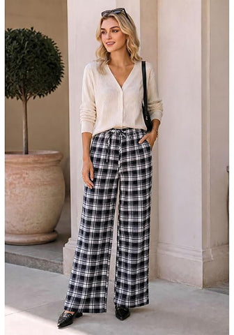 GRAPENT Women's High Waisted Wide Leg Plaid Pants | Tartan Pattern, Elastic Waist Drawstring, Pockets, Relaxed Fit, Casual Daily Fall Outfits