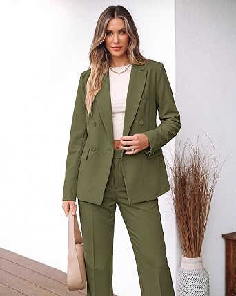 Olive Green Women's 2 Piece Double Breasted Pantsuit — Double Breasted, Wide Leg & Structured Shoulders, Professional Dressy Pantsuit Set, Office Chic, 2026 Fall Fashion