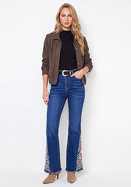 Classic Blue  Women's Floral Embroidery Flare Jeans — High Waisted Stretchy Bootcut Denim with Raw Frayed Hem & Retro Distressed Wash