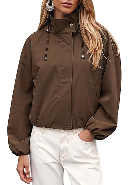 Chocolate Brown Women's Trendy Funnel Neck Bomber Jacket — Oversized Cropped Zip Up Hooded Jacket with Stand Collar & Elastic Cuff Hem
