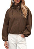 Chocolate Brown Women's Trendy Funnel Neck Bomber Jacket — Oversized Cropped Zip Up Hooded Jacket with Stand Collar & Elastic Cuff Hem