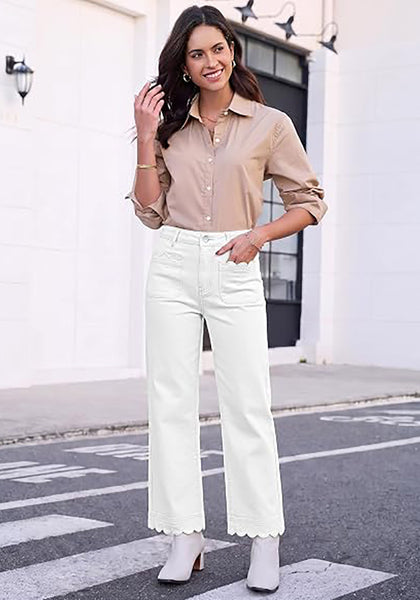 GRAPENT Women's High Waisted Scalloped Ankle Jeans | Stretchy Denim, Straight Wide Leg, 27.5" Inseam, Patched Pockets, Work Office Dressy Casual