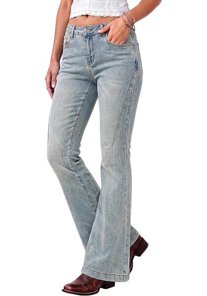 Vintage Blue Flare Jeans for Women Mid Rise Bootcut Denim Pants Distressed Stretchy Retro Y2K Washed Date Night Outfit Nashville Western Style