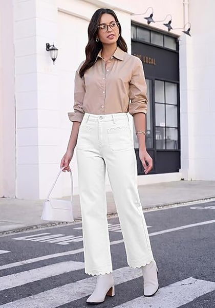 GRAPENT Women's High Waisted Scalloped Ankle Jeans | Stretchy Denim, Straight Wide Leg, 27.5" Inseam, Patched Pockets, Work Office Dressy Casual
