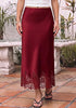 Red Women's Satin Maxi Skirt — Silky Bias Cut Long Slip Skirt with Easy Pull On Elastic Waistband & Lace Trim Hem