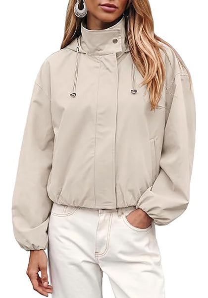 Light Gray Women's Trendy Funnel Neck Bomber Jacket — Oversized Cropped Zip Up Hooded Jacket with Stand Collar & Elastic Cuff Hem