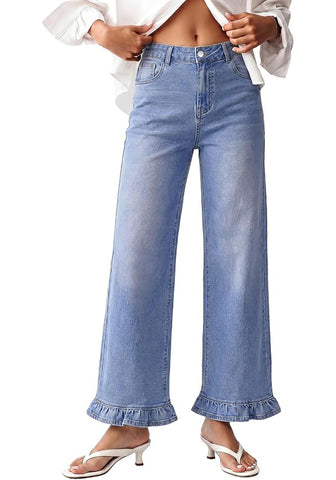 GRAPENT Women's High Waisted Ruffle Hem Wide Leg Jeans | Stretch Denim, 27.5" Inseam, Ankle Cropped, Baggy Fit, Weekend Casual