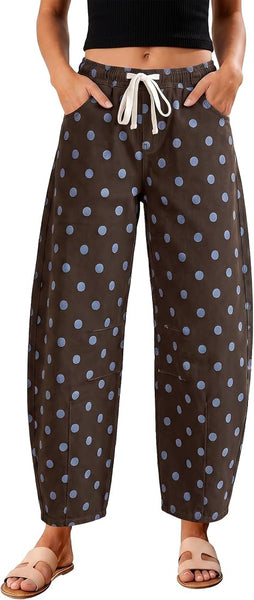 GRAPENT Women's High Rise Polka Dot Barrel Jeans | Stretch Denim, Elastic Drawstring Waist, 27" Inseam, Cropped, Dressy Casual Daily Wear