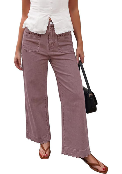 GRAPENT Women's High Waisted Scalloped Ankle Jeans | Stretchy Denim, Straight Wide Leg, 27.5" Inseam, Patched Pockets, Work Office Dressy Casual