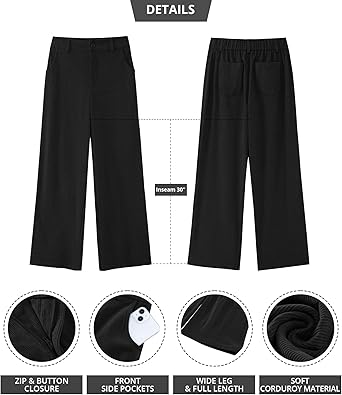 Black  Women's Casual Full-Length High Waist Relaxed Fit Wide Leg Front Zip Elastic Waist Back Pocket Pants Button Matching Non-Stretch