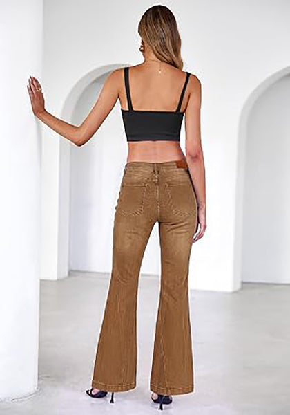 Golden Brown Flare Jeans for Women Mid Rise Bootcut Denim Pants Distressed Stretchy Retro Y2K Washed Date Night Outfit Nashville Western Style