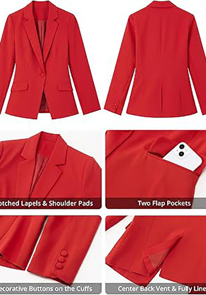 Red Women's Notched Lapel Blazer, Single Button Shoulder Pads Suit Jacket, Long Sleeve Business Casual Work Office Blazer with Pockets & Back Slit