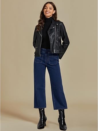 Dark Blue Women's Cropped Denim High Waisted Jeans Stretch Wide Leg