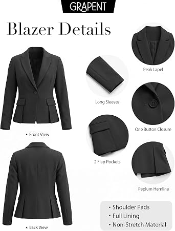 Charcoal Women's  Peplum Suit Jacket Blazer, Tailored Fitted Long Sleeve with Built-in Shoulder Pads, Dressy Casual for Office, Business & Everyday Wear