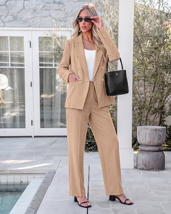 Beige Women's 2 Piece Double Breasted Pantsuit — Double Breasted, Wide Leg & Structured Shoulders, Professional Dressy Pantsuit Set, Office Chic, 2026 Fall Fashion