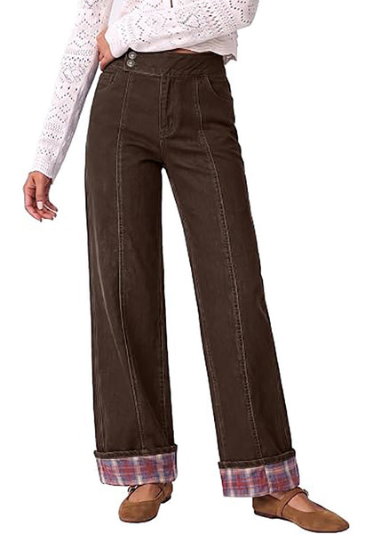 Dark Brown Women's High Rise Wide Leg Jeans — Stretchy Denim Pants with Double Button Waistband, Vertical Seam & Contrast Plaid Cuffs
