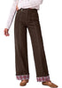 Dark Brown Women's High Rise Wide Leg Jeans — Stretchy Denim Pants with Double Button Waistband, Vertical Seam & Contrast Plaid Cuffs