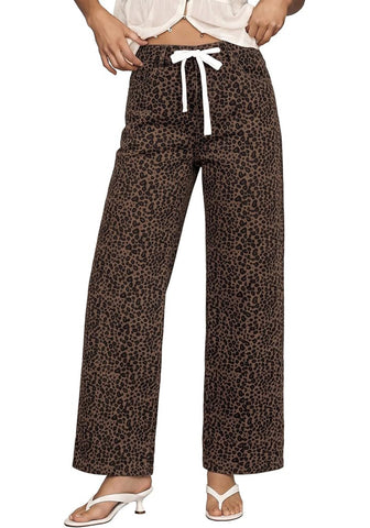 GRAPENT Women's High Waisted Wide Leg Leopard Jeans | Leopard Print Denim, Drawstring Waist, Loose Straight Leg, 28" Inseam, Dressy Casual Everyday Wear