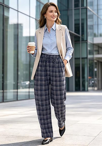 GRAPENT Women's High Waisted Plaid Barrel Pants | Tapered Wide Leg, Elastic Drawstring Waist, Front Pockets, Work Office Casual Fall Outfits