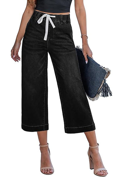 Casual Capri Jeans for Women Wide Leg Elastic Drawstring Waist Cropped Denim Trousers