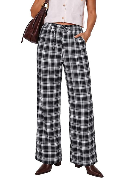 GRAPENT Women's High Waisted Wide Leg Plaid Pants | Tartan Pattern, Elastic Waist Drawstring, Pockets, Relaxed Fit, Casual Daily Fall Outfits