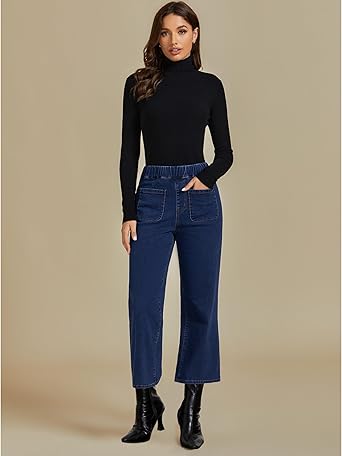 Dark Blue Women's Cropped Denim High Waisted Jeans Stretch Wide Leg