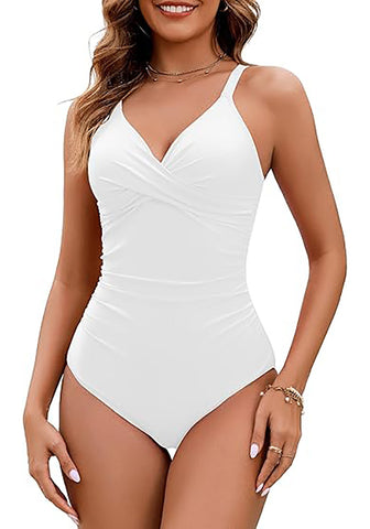 One Piece Swimsuit for Women Front Crisscross Ruched Adjustable Straps Padded Cups Swimming Suits
