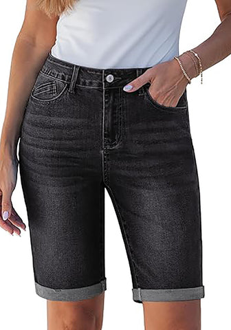LookbookStore Washed Black Women's Viral Y2K Aesthetic High Waist Stretchy Bermuda Denim Shorts with Rolled Cuffs