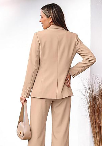 Beige Women's 2 Piece Double Breasted Pantsuit — Double Breasted, Wide Leg & Structured Shoulders, Professional Dressy Pantsuit Set, Office Chic, 2026 Fall Fashion