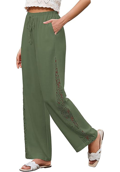 Women's Loose Wide Leg Pants with Hollow Out Side High Waisted Drawstring Elastic Casual Summer Trousers