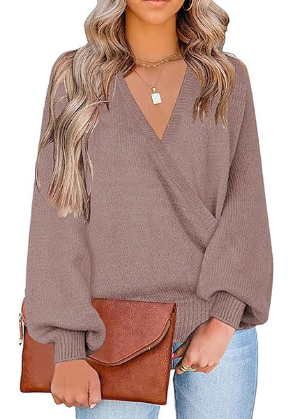 LookbookStore  Twilight Mauve Women's Knit Long Sleeve Faux Wrap Surplice V Neck Sweater Top