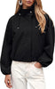 Black Women's Trendy Funnel Neck Bomber Jacket — Oversized Cropped Zip Up Hooded Jacket with Stand Collar & Elastic Cuff Hem