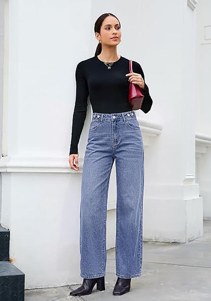 GRAPENT Women's High Rise Wide Leg Jeans | Stretchy Denim, Adjustable Cinch Waist, 30" Inseam, 90s Baggy Straight, Everyday Dressy Casual