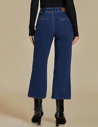 Dark Blue Women's Cropped Denim High Waisted Jeans Stretch Wide Leg