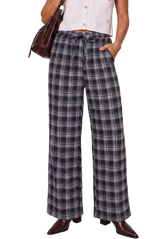 GRAPENT Women's High Waisted Wide Leg Plaid Pants | Tartan Pattern, Elastic Waist Drawstring, Pockets, Relaxed Fit, Casual Daily Fall Outfits