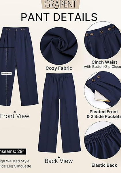 GRAPENT Women's High Waisted Wide Leg Work Pants | Elastic Back Waist, Front Pleated, Business Casual Office Outfits