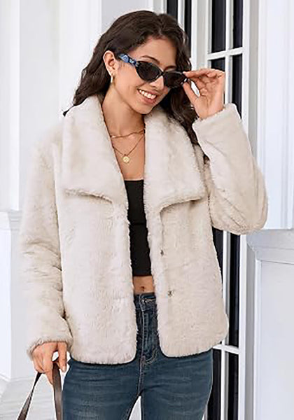 Cloud Cream Wide Lapel Faux Fur Coat for Women — Oversized Dropped Shoulder Jacket with Side Pockets & Snap Buttons
