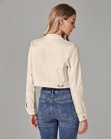 Light Beige Women's Basic Long Sleeves Fitted Denim Cropped Jacket